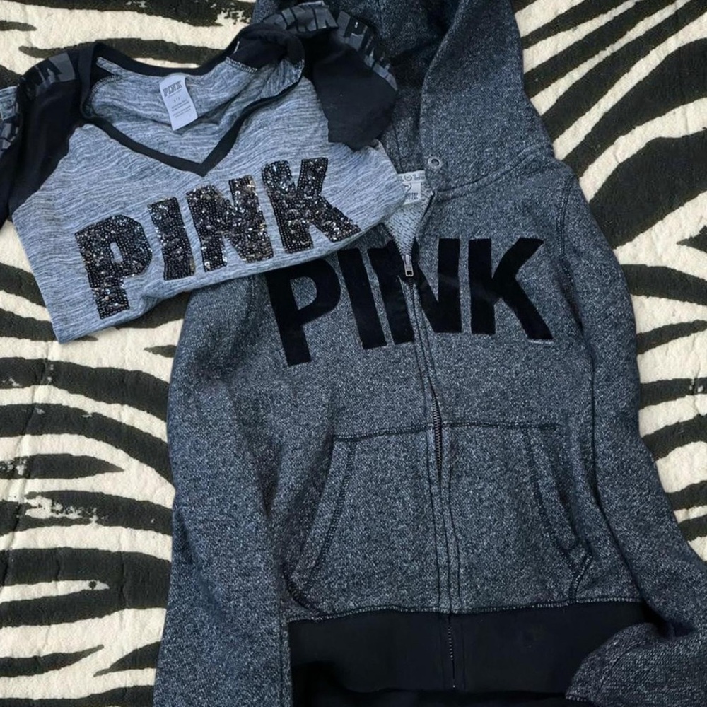 BUNDLE PINK Victoria's Secret Charcoal and Black zip up Hoodie Set